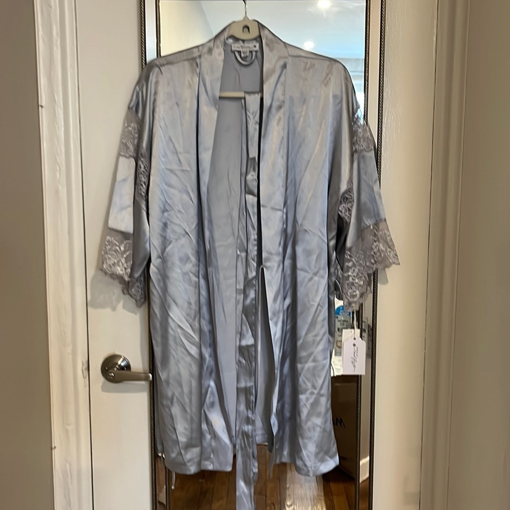 NWT Satin and lace robe . Silvery-blue. Never worn.